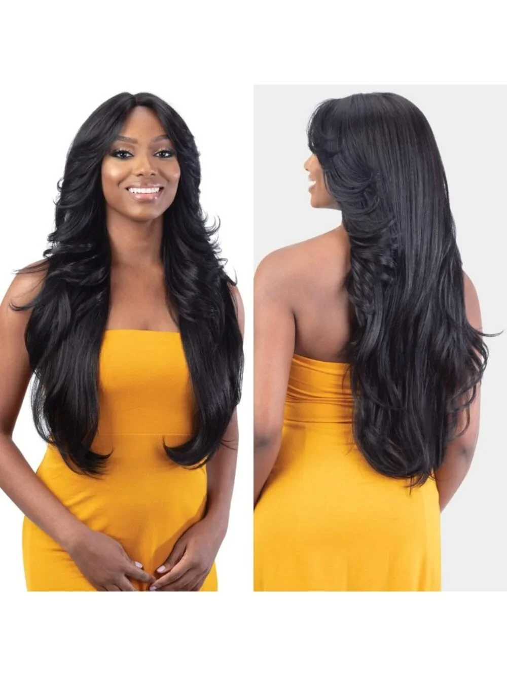 HD Lace Front Wig with Curtain Bangs - Stylish Bombshell Look (1B Color)